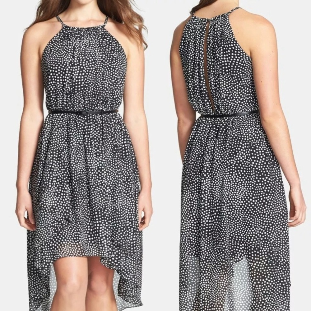 Maggy London polkadot chiffon asymmetrical dress